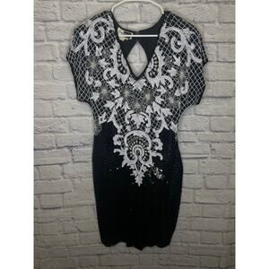 Vintage Carina Black/White Full Sequin & Beaded Short Dress 100% Silk MEDIUM
